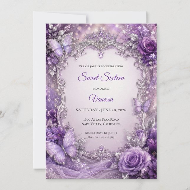 Convite Princesa Floral Prata Roxo Doce 16 (Frente)