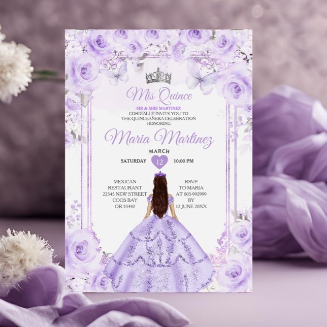 Convite Princesa Floral Púrpura e Prateada Quiñceanera (Criador carregado)