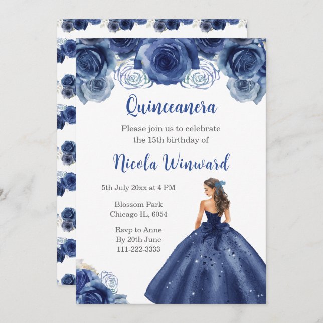 Convite Princesa Floral, Quinceanera Marinho Azul (Frente/Verso)