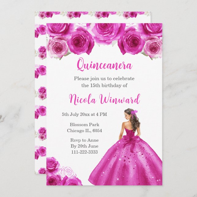 Convite Princesa Floral, Quinceanera, Vestido Rosa Quente (Frente/Verso)