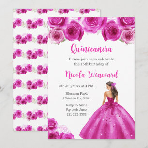 Convite Princesa Floral, Quinceanera, Vestido Rosa Quente