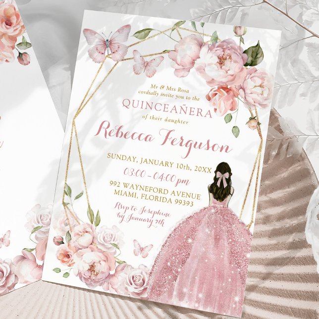 Convite Princesa Floral Rosa Dourada Mexicana Quinceañera (Criador carregado)