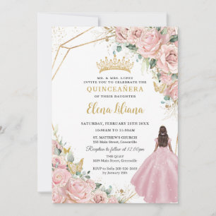 Convite Princesa Floral Rosa Dourada Quinceanera 15 XV