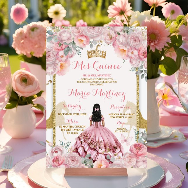 Convite Princesa Floral Rosa Elegante Quinceañera (Criador carregado)