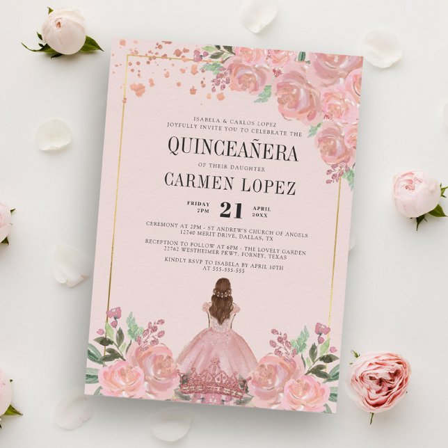 Convite Princesa Floral Rosa Esbranquiçada Quinceanera De  (Criador carregado)