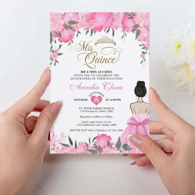 Convite Princesa Floral Rosa Esmagada Mis Quince Quinceañe (Criador carregado)