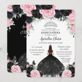 Convite Princesa Floral Rosa Negra - Prata Silver Quinceañ
