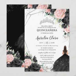 Convite Princesa Floral Rosa Negra Silver Quinceañera