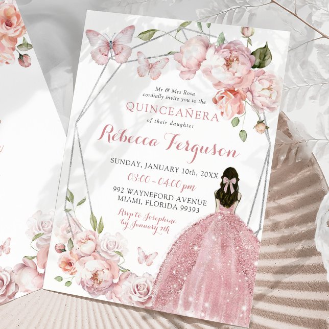 Convite Princesa Floral Rosa-Rosa Mexicana Quinceañera (Criador carregado)