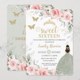 Convite Princesa Floral Rosa Sage Green Sweet Dezesseis
