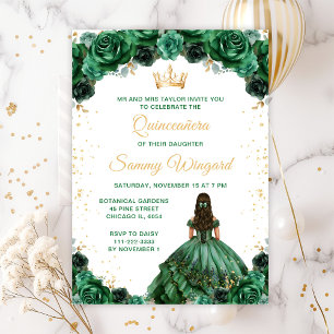Convite Princesa Floral Verde Escuro Quinceañera