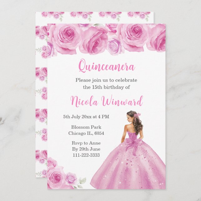 Convite Princesa Floral, Vestido de Rosa claro Quinceanera (Frente/Verso)