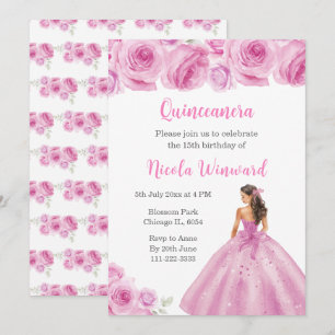 Convite Princesa Floral, Vestido de Rosa claro Quinceanera
