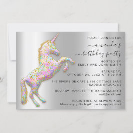 Convite Princesa Glitter Dourada Unicorn Prata Rosa