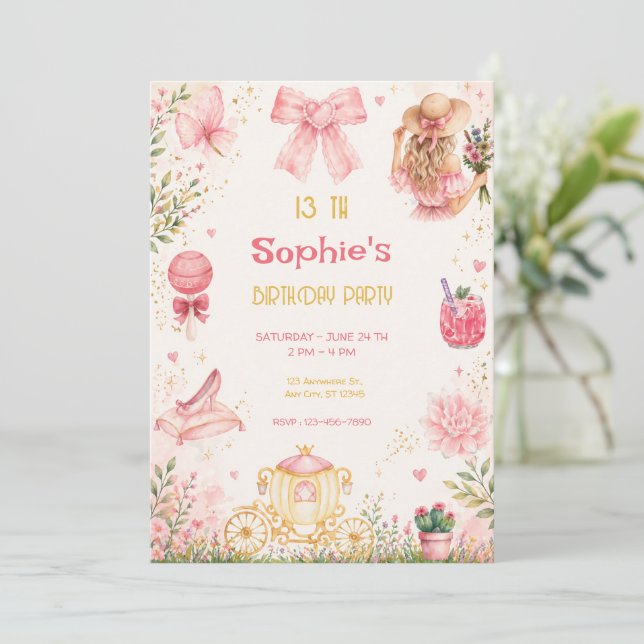 Convite Princesa Jardim de Aniversário Rosa Floral Borbole (Em pé/Frente)