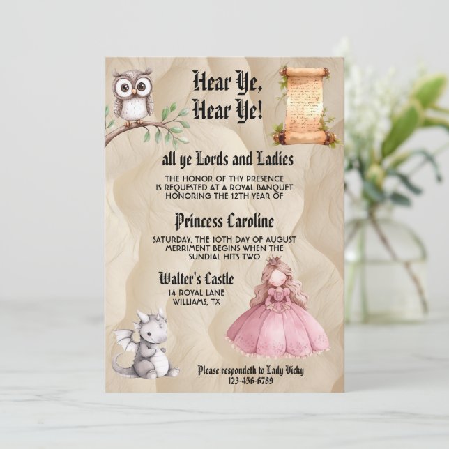 Convite Princesa Justa Aniversário Medieval Renascença Rea (Em pé/Frente)