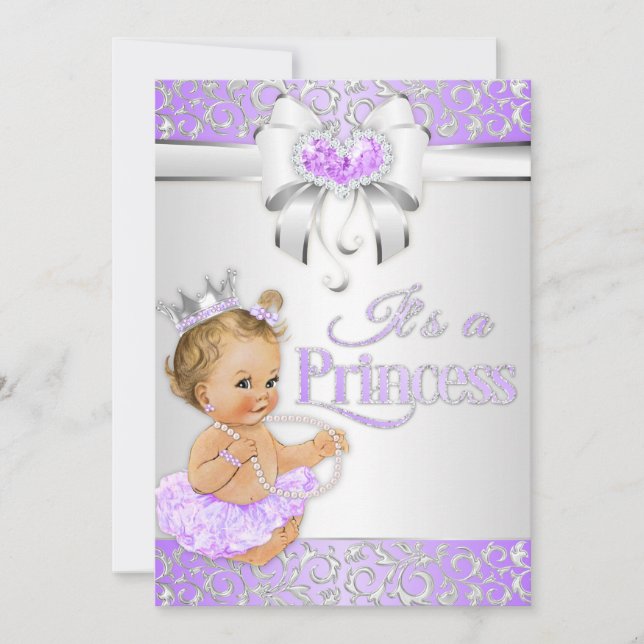 Convite Princesa Lavanda Lilás & Bow Diamantes Prata (Frente)