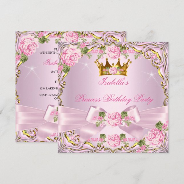 Convite Princesa Lindas Rosas Rosadas Douradas Aniversário (Frente/Verso)