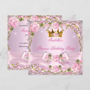 Convite Princesa Lindas Rosas Rosadas Douradas Aniversário