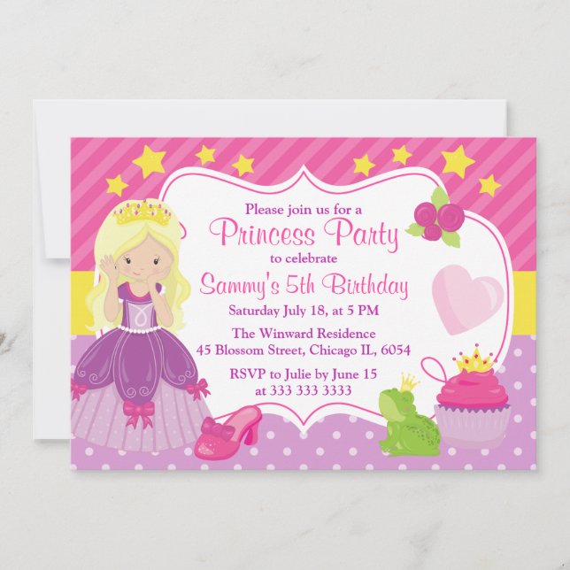 Convite Princesa loira & Acessórios de aniversário (Frente)