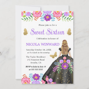 Convite Princesa Loira Vestido Floral Mexicano Sweet 16