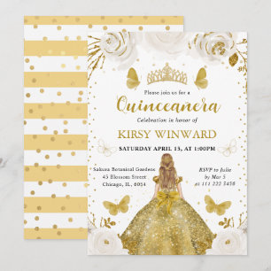 Convite Princesa Loura de Vestido Dourado Quinceanera
