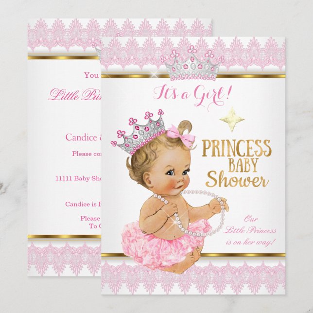 Convite Princesa Loura Menina Chuveiro de Bebê Rosa Dourad (Frente/Verso)