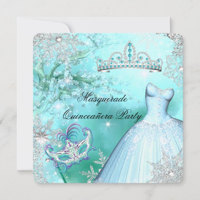 Convite Princesa Magia Quinceanera Mascarada Teal (Frente)