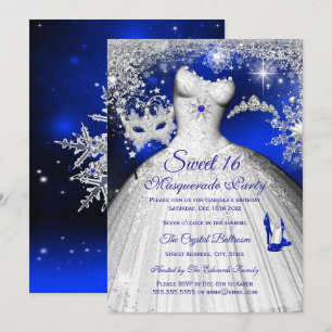 Convite Princesa Máscara Sweet 16 Azul Real Prata