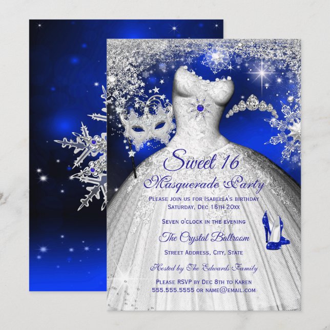 Convite Princesa Máscara Sweet 16 Azul Real Prata (Frente/Verso)