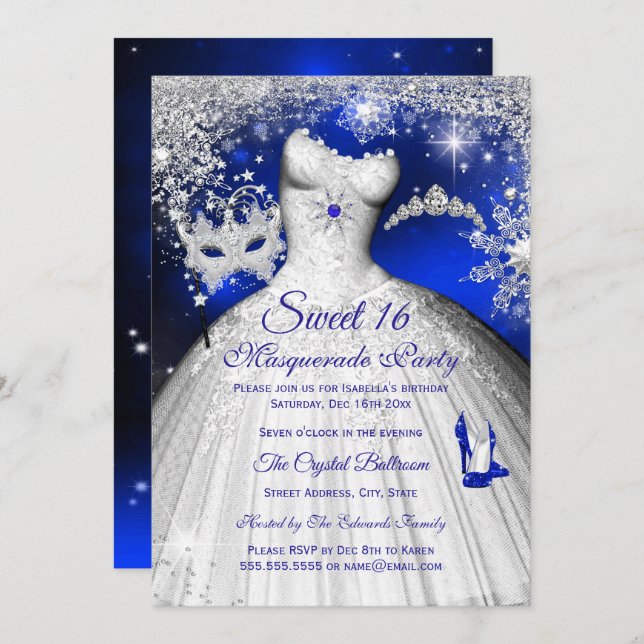 Convite Princesa Mascarada Sweet 16 Royal Blue Silver (Frente/Verso)