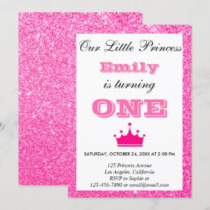Convite Princesa Menina Rosa Brilhante Primeiro Aniversári