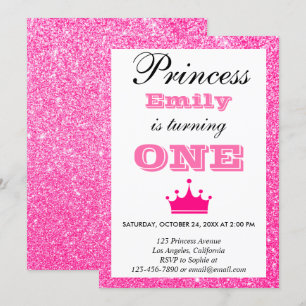 Convite Princesa Menina Rosa Brilhante Primeiro Aniversári