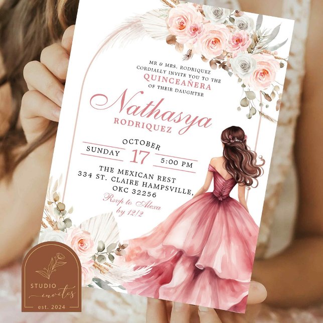 Convite Princesa Mexicana de Rosa Claro Quinceanera (Criador carregado)