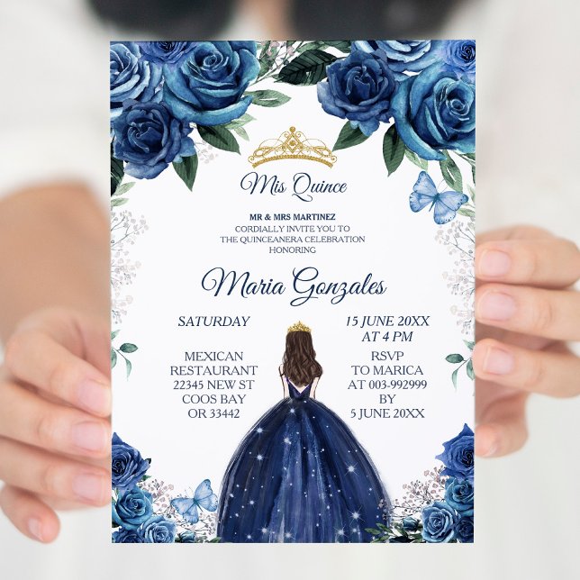 Convite Princesa Mexicana Dourada e Marinho Quinceanera (Criador carregado)