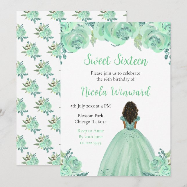 Convite Princesa Mint Floral Sweet, Princesa Escura, Dezes (Frente/Verso)