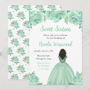 Convite Princesa Mint Floral Sweet, Princesa Escura, Dezes