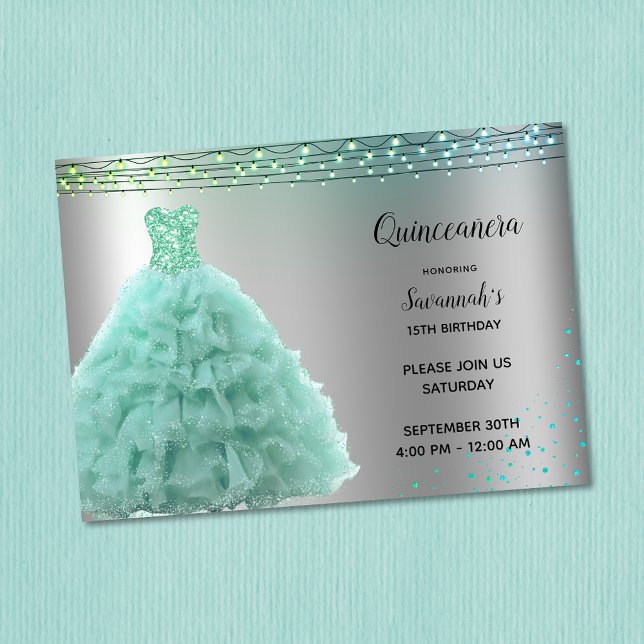 Convite Princesa Mint Green Gown String Luz Quinceanera (Criador carregado)