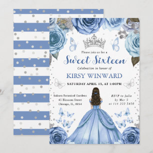 Convite Princesa Morena de Vestido Azul Doce 16