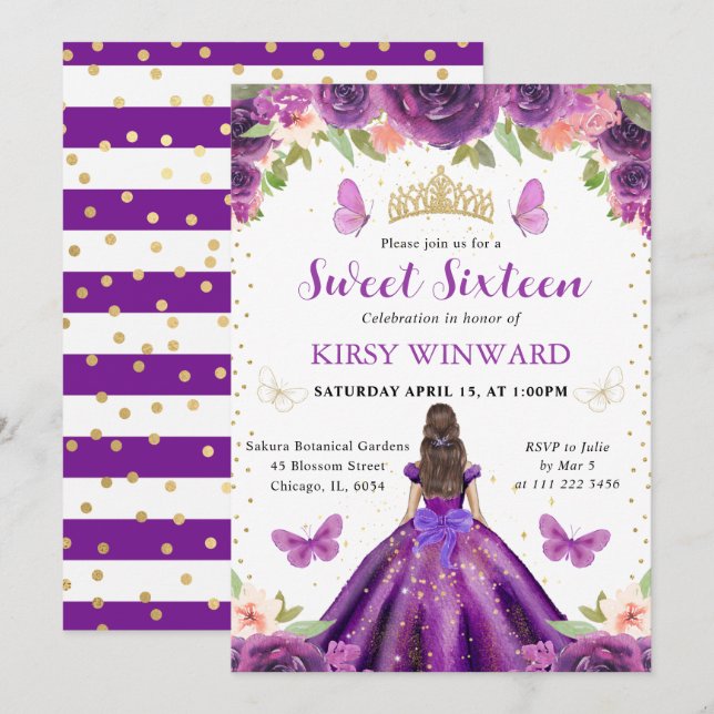 Convite Princesa Morena de Vestido Roxo Doce 16 (Frente/Verso)