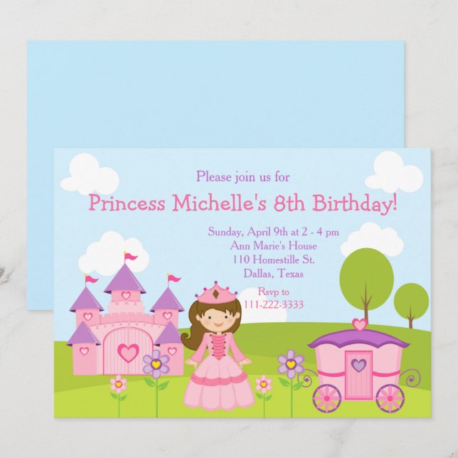 Convite Princesa Morena e Castelo e Festa de Aniversário (Frente/Verso)