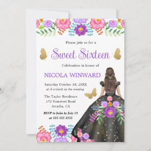 Convite Princesa Morena Vestido Floral Mexicano Sweet 16