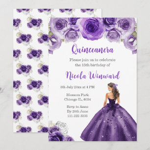 Convite Princesa no Vestido Roxo Escuro Quinceanera