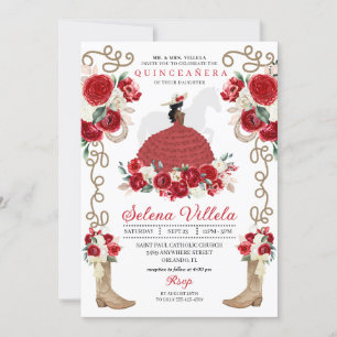 Convite Princesa Ocidental Vermelha Elegante Quinceañera