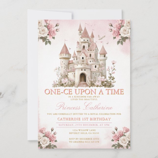 Convite Princesa ONE-CE Era uma vez 1º aniversário Castelo (Frente)