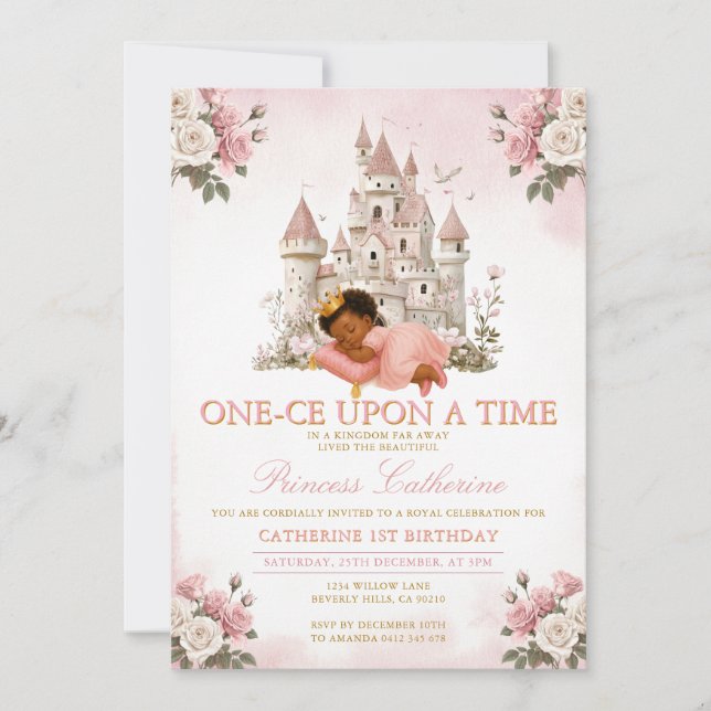 Convite Princesa ONE-CE Era uma vez 1º aniversário Castelo (Frente)