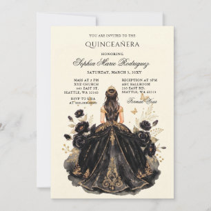 Convite Princesa Ouro Preto Tiara Floral Quinceañera