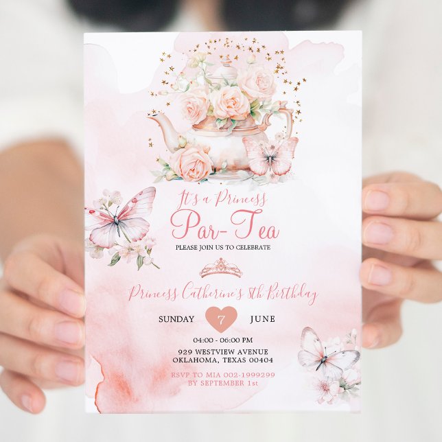 Convite Princesa ParTea Borboleta Rosa 8º Aniversário Flor (Criador carregado)