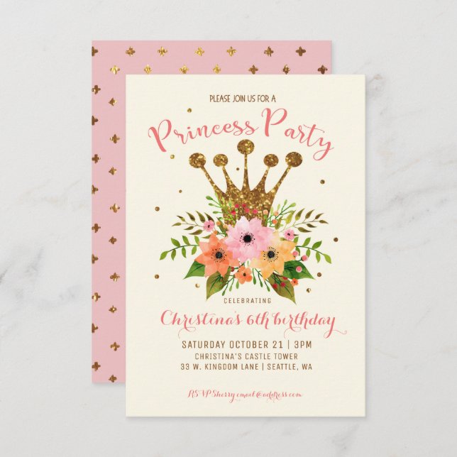 Convite Princesa Partido Glitter Floral Crown Convidado (Frente/Verso)