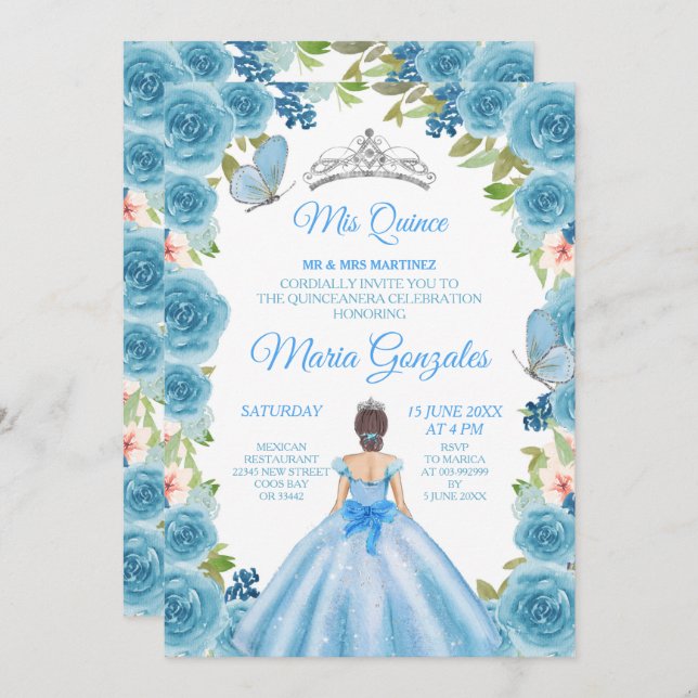 Convite Princesa Pastel Blue Rosas & Borboleta Mis Quince (Frente/Verso)